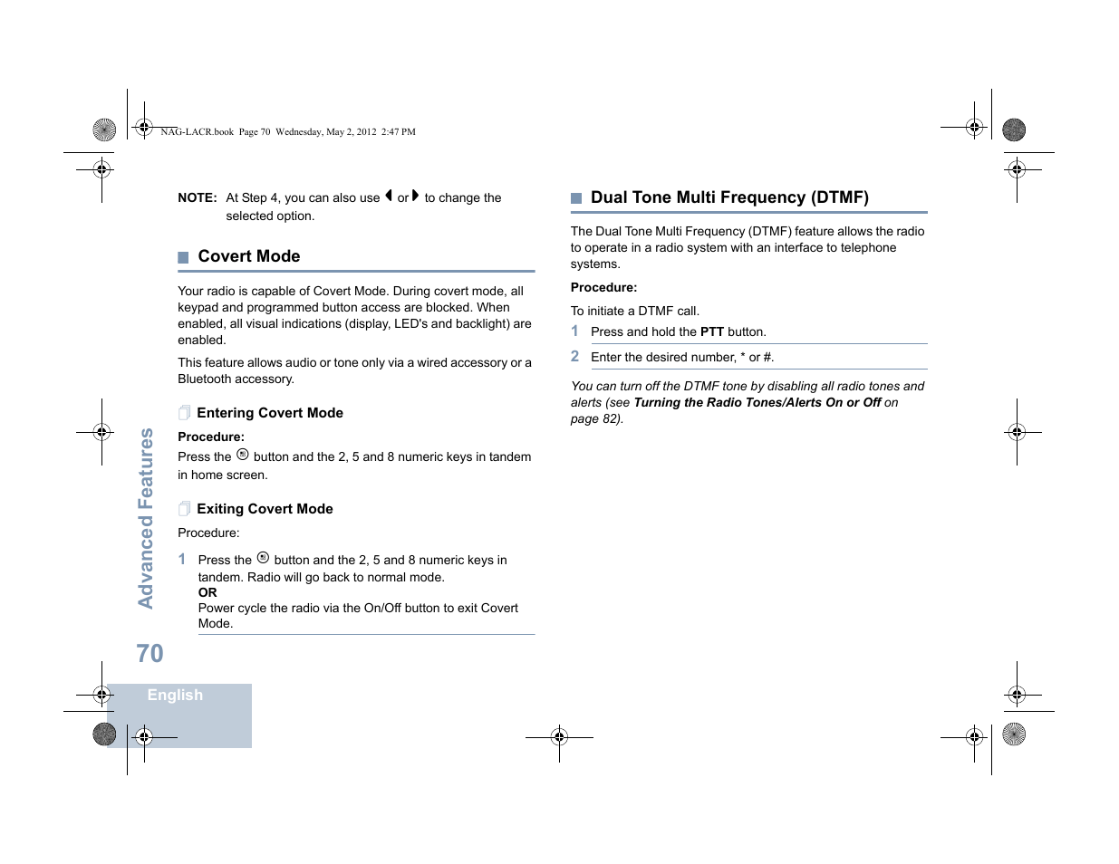 Covert mode, Entering covert mode, Exiting covert mode | Dual tone multi frequency (dtmf), Entering covert mode exiting covert mode, Advanced features | Motorola SL7550 User Manual | Page 84 / 114