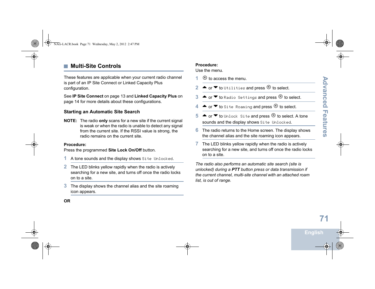 Multi-site controls, Starting an automatic site search, Advanced features | Motorola SL7550 User Manual | Page 85 / 114