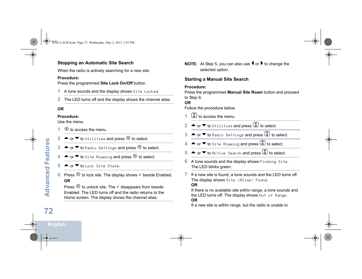 Stopping an automatic site search, Starting a manual site search, Advanced features | Motorola SL7550 User Manual | Page 86 / 114