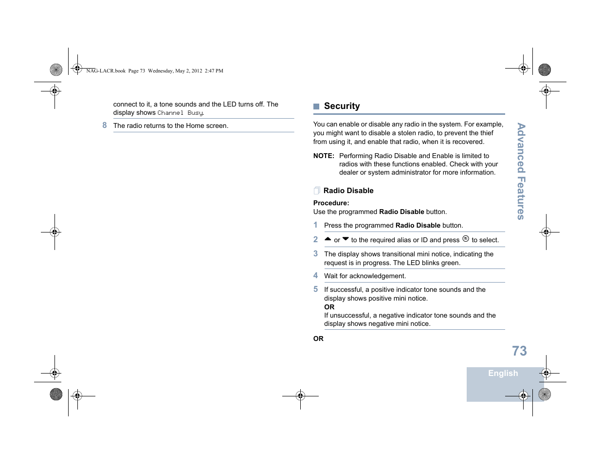Security, Radio disable, Advanced features | Motorola SL7550 User Manual | Page 87 / 114