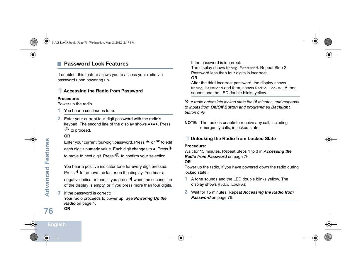 Password lock features, Accessing the radio from password, Unlocking the radio from locked state | Advanced features | Motorola SL7550 User Manual | Page 90 / 114