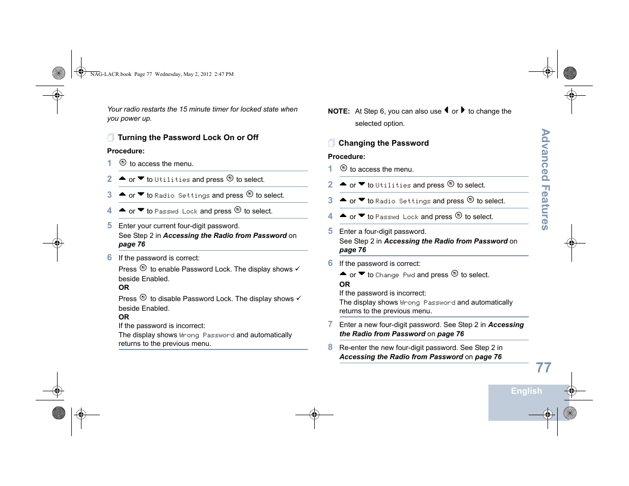 Turning the password lock on or off, Changing the password, Advanced features | Motorola SL7550 User Manual | Page 91 / 114