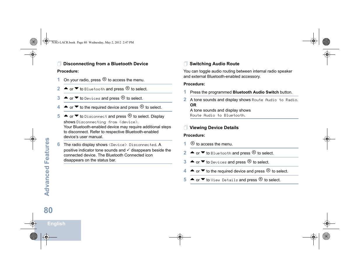 Disconnecting from a bluetooth device, Switching audio route, Viewing device details | Advanced features | Motorola SL7550 User Manual | Page 94 / 114
