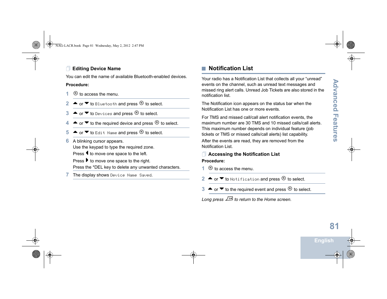 Editing device name, Notification list, Accessing the notification list | Advanced features | Motorola SL7550 User Manual | Page 95 / 114