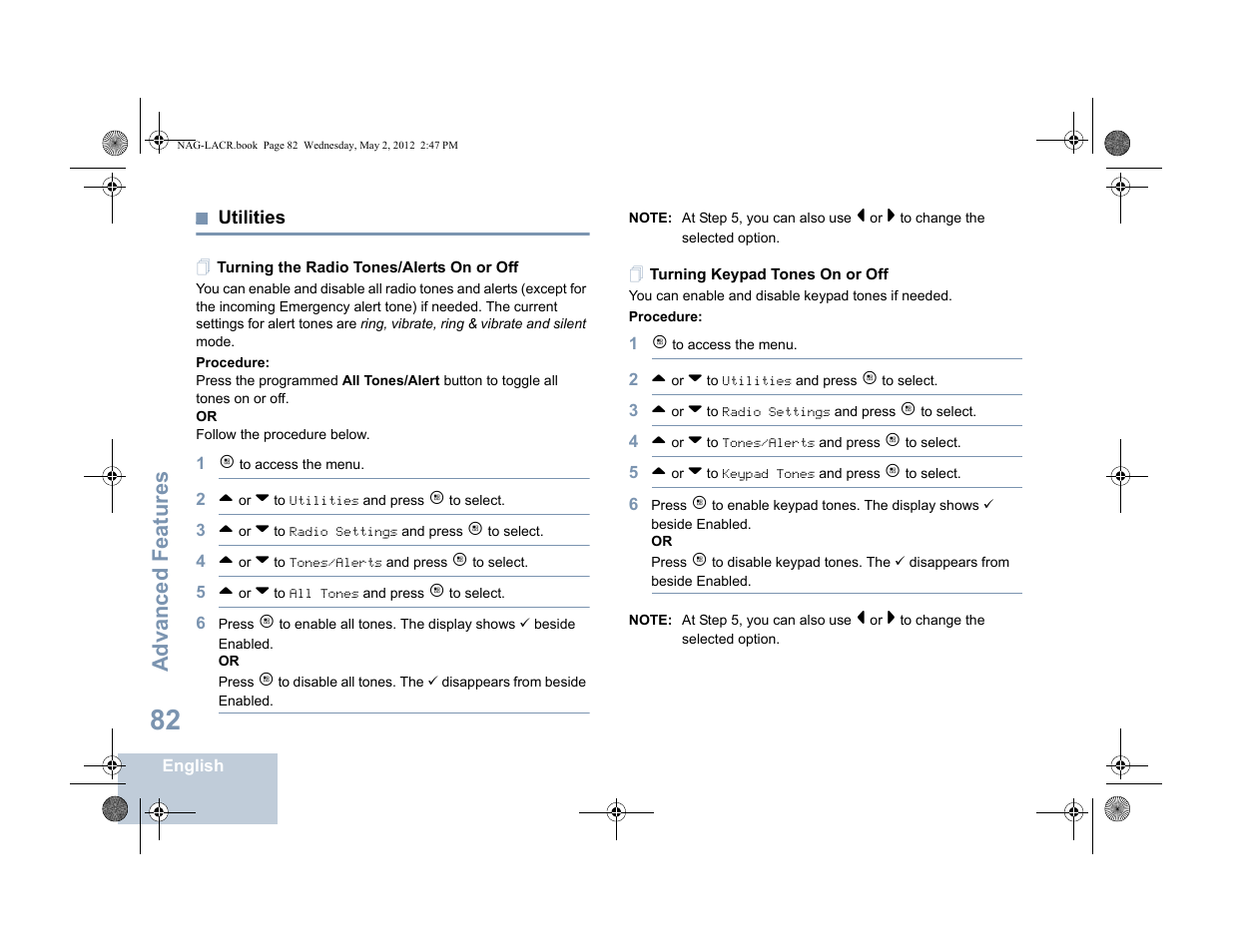 Utilities, Turning the radio tones/alerts on or off, Turning keypad tones on or off | Turning the radio tones/ alerts on or off on, Advanced features | Motorola SL7550 User Manual | Page 96 / 114