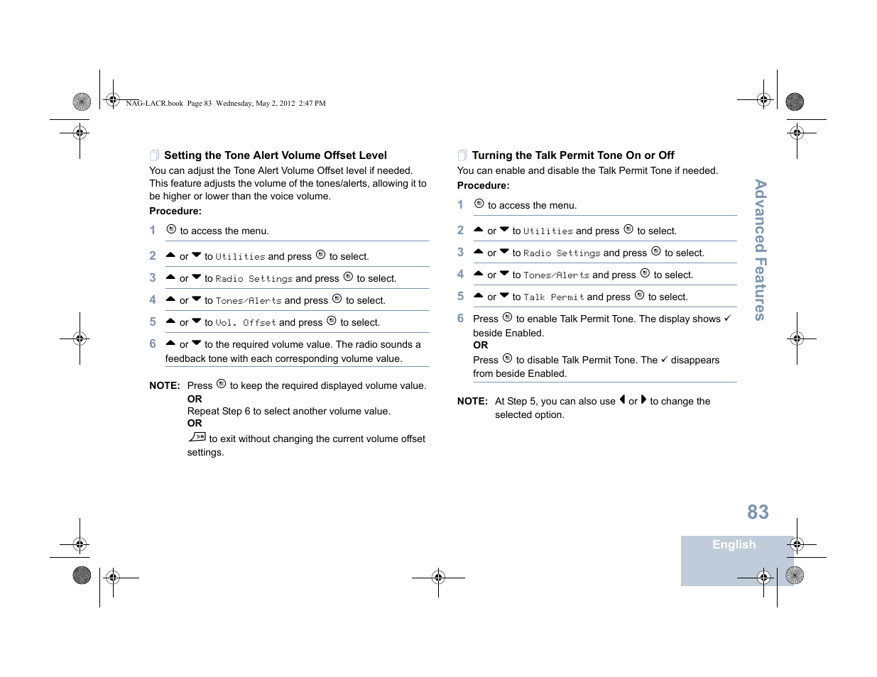 Setting the tone alert volume offset level, Turning the talk permit tone on or off, Advanced features | Motorola SL7550 User Manual | Page 97 / 114