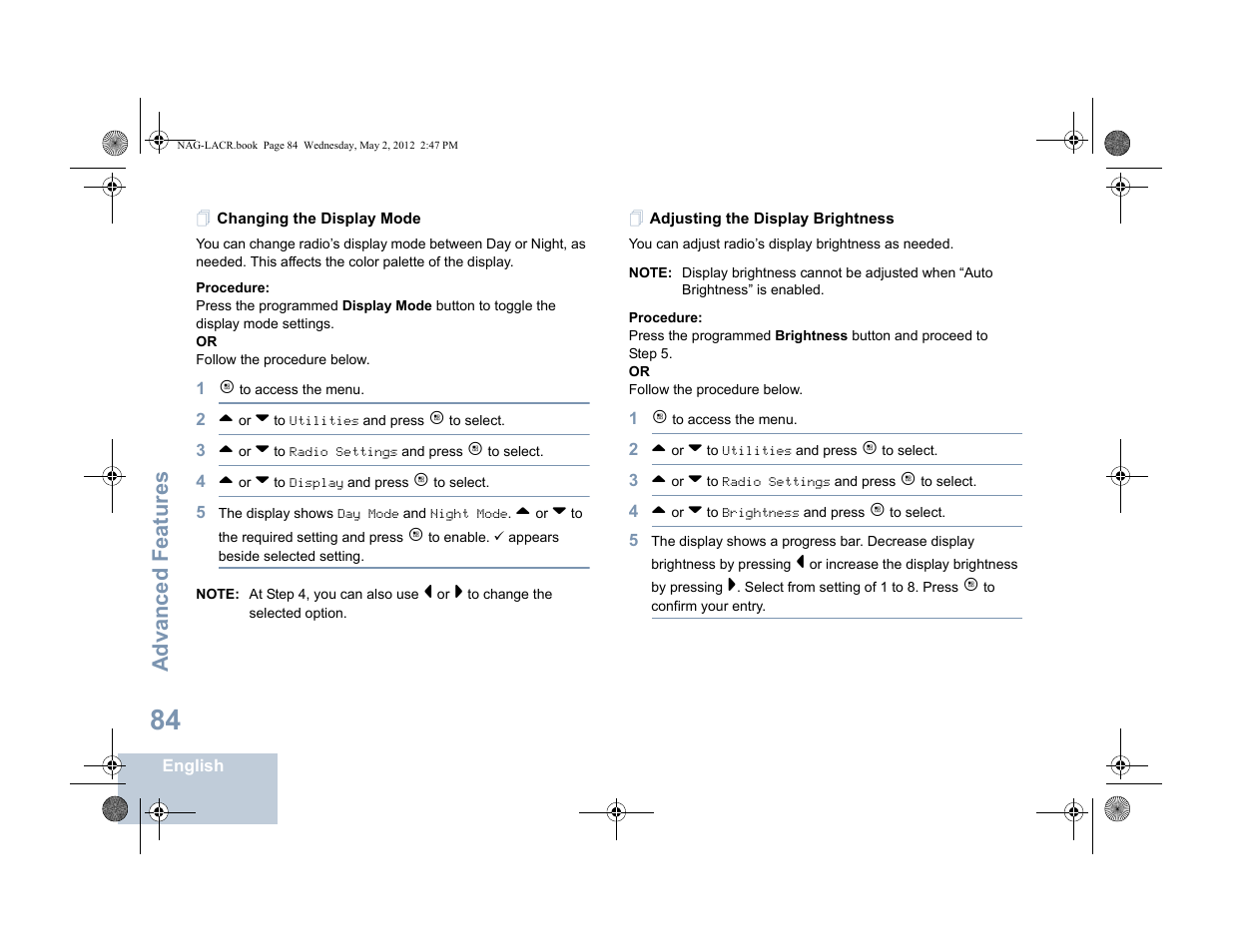 Changing the display mode, Adjusting the display brightness, Advanced features | Motorola SL7550 User Manual | Page 98 / 114