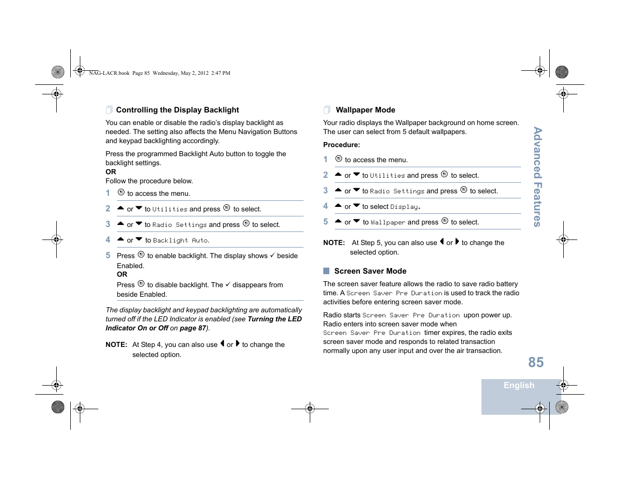 Controlling the display backlight, Wallpaper mode, Screen saver mode | Advanced features | Motorola SL7550 User Manual | Page 99 / 114