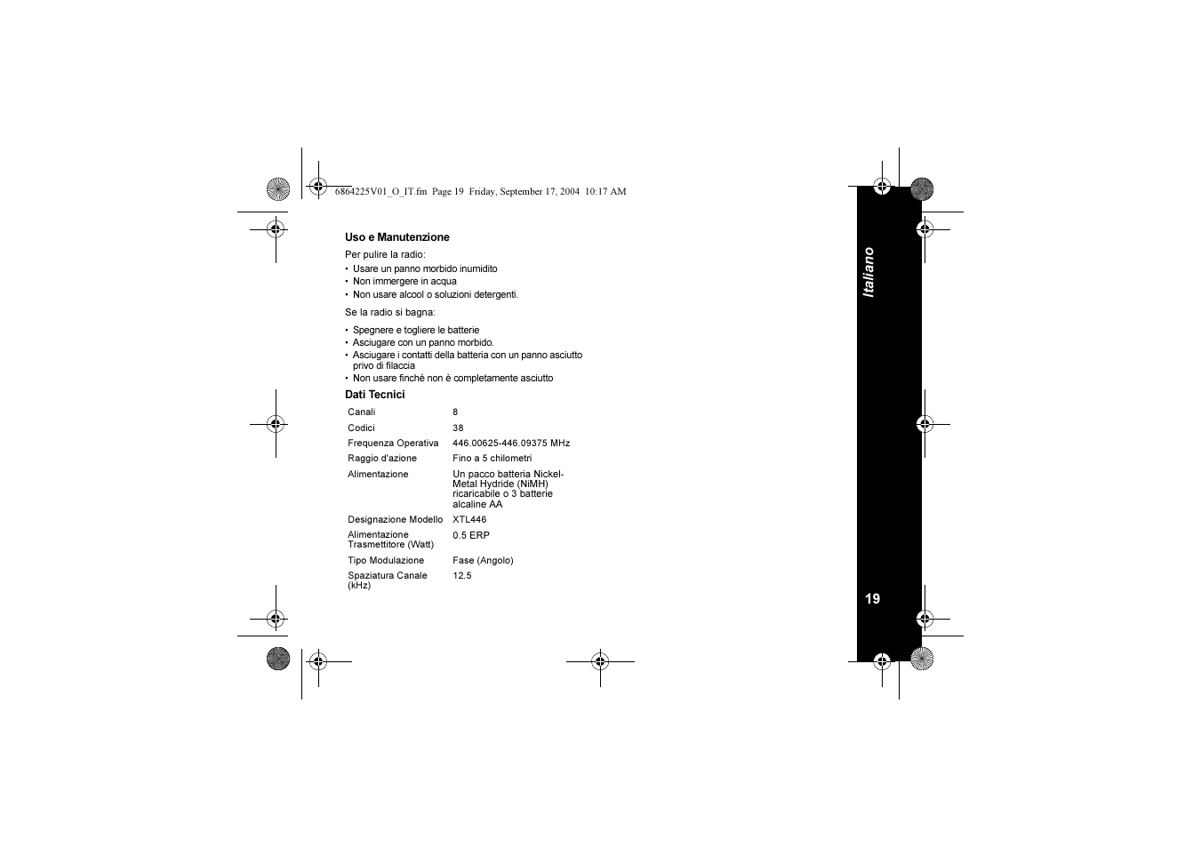 19 ita liano | Motorola XTL446 User Manual | Page 107 / 178