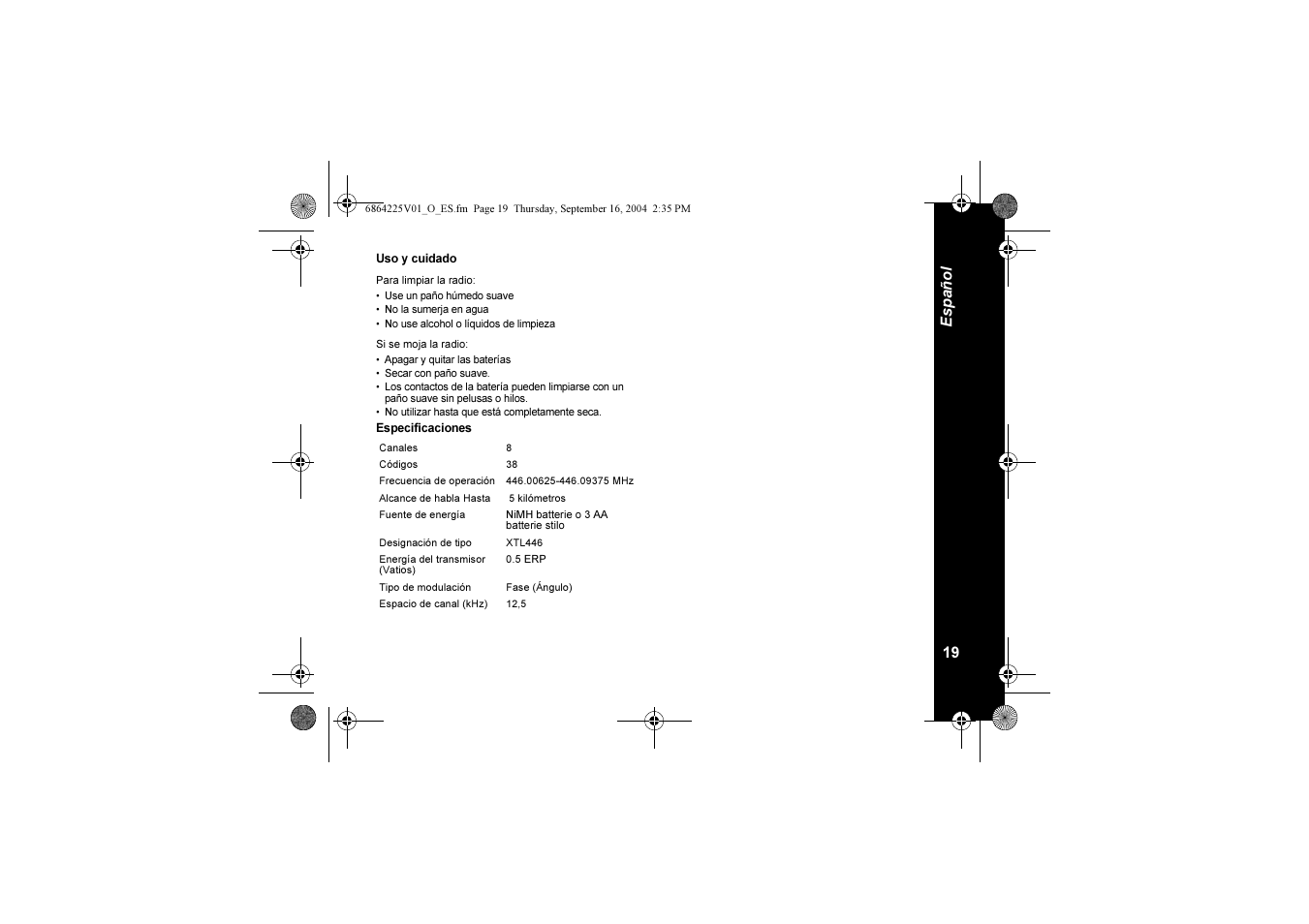 19 e spañol | Motorola XTL446 User Manual | Page 85 / 178