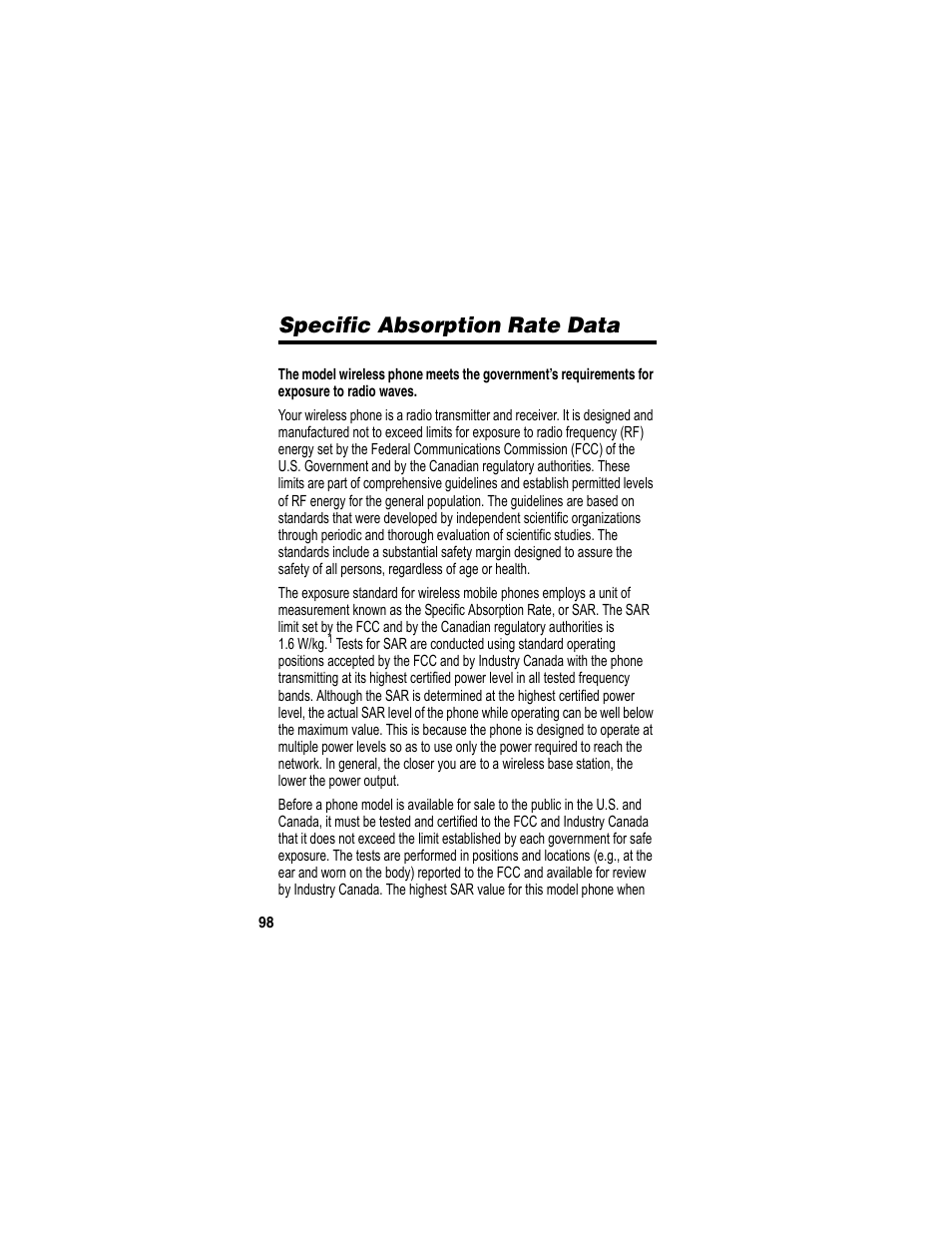 Specific absorption rate data | Motorola A840 User Manual | Page 100 / 284