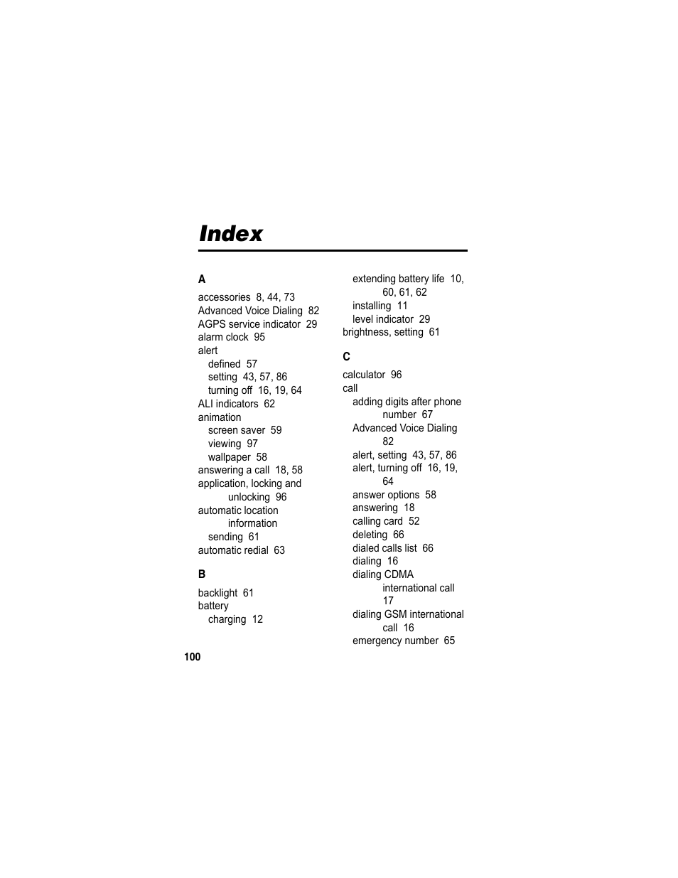 Index | Motorola A840 User Manual | Page 102 / 284