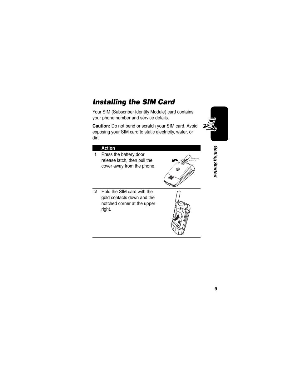 Installing the sim card | Motorola A840 User Manual | Page 11 / 284