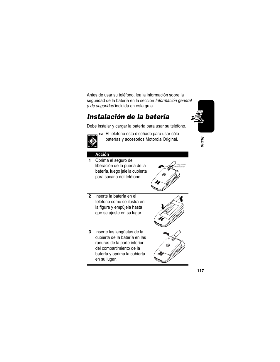 Instalación de la batería | Motorola A840 User Manual | Page 119 / 284