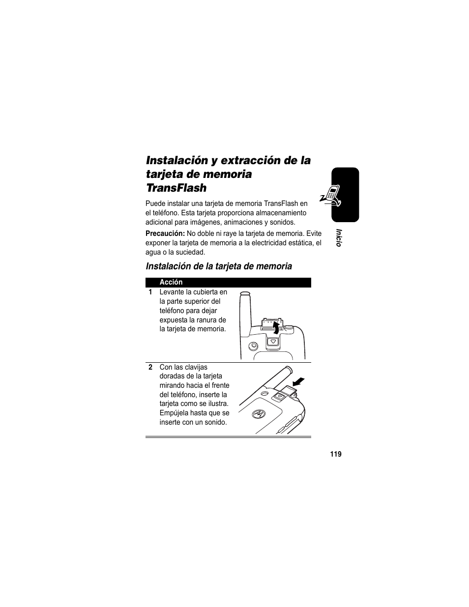 Instalación y extracción de la, Tarjeta de memoria transflash | Motorola A840 User Manual | Page 121 / 284