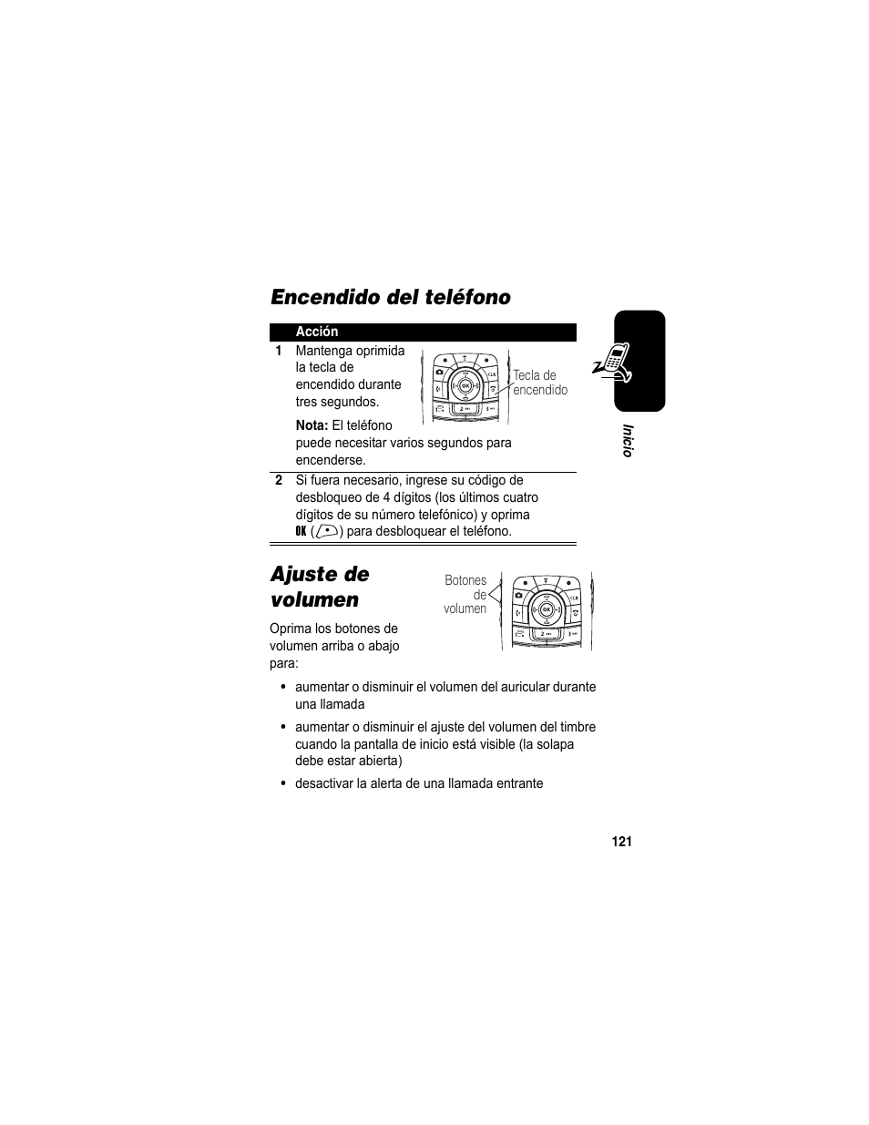 Encendido del teléfono, Ajuste de volumen, Encendido del teléfono ajuste de volumen | Motorola A840 User Manual | Page 123 / 284