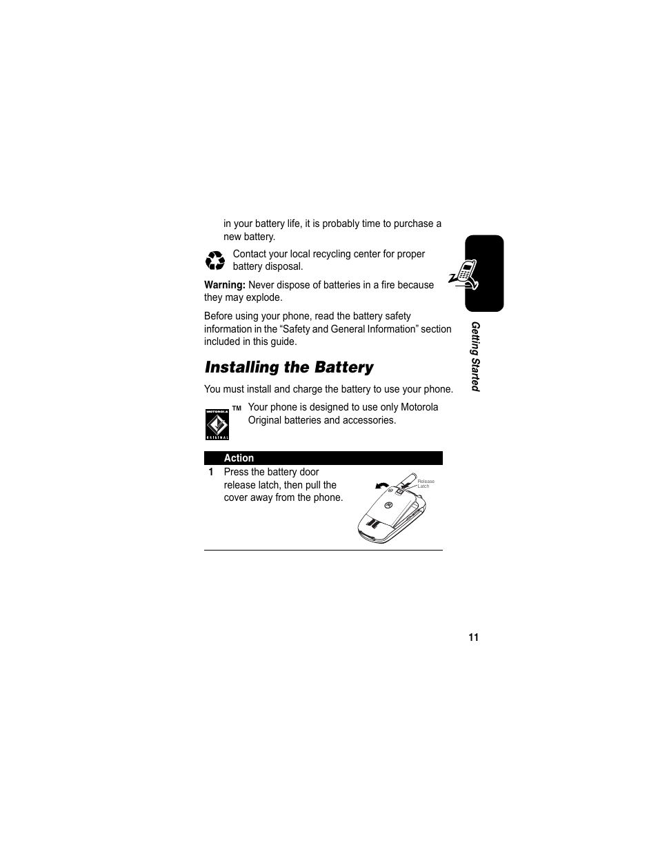 Installing the battery | Motorola A840 User Manual | Page 13 / 284