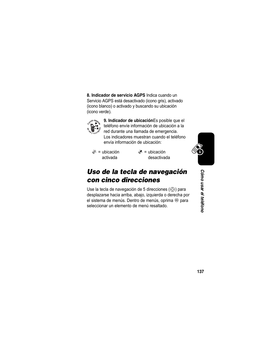 Uso de la tecla de navegación, Con cinco direcciones | Motorola A840 User Manual | Page 139 / 284