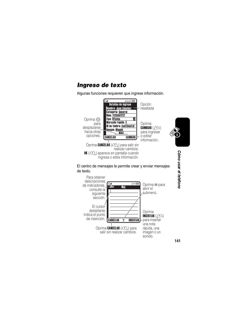 Ingreso de texto | Motorola A840 User Manual | Page 143 / 284