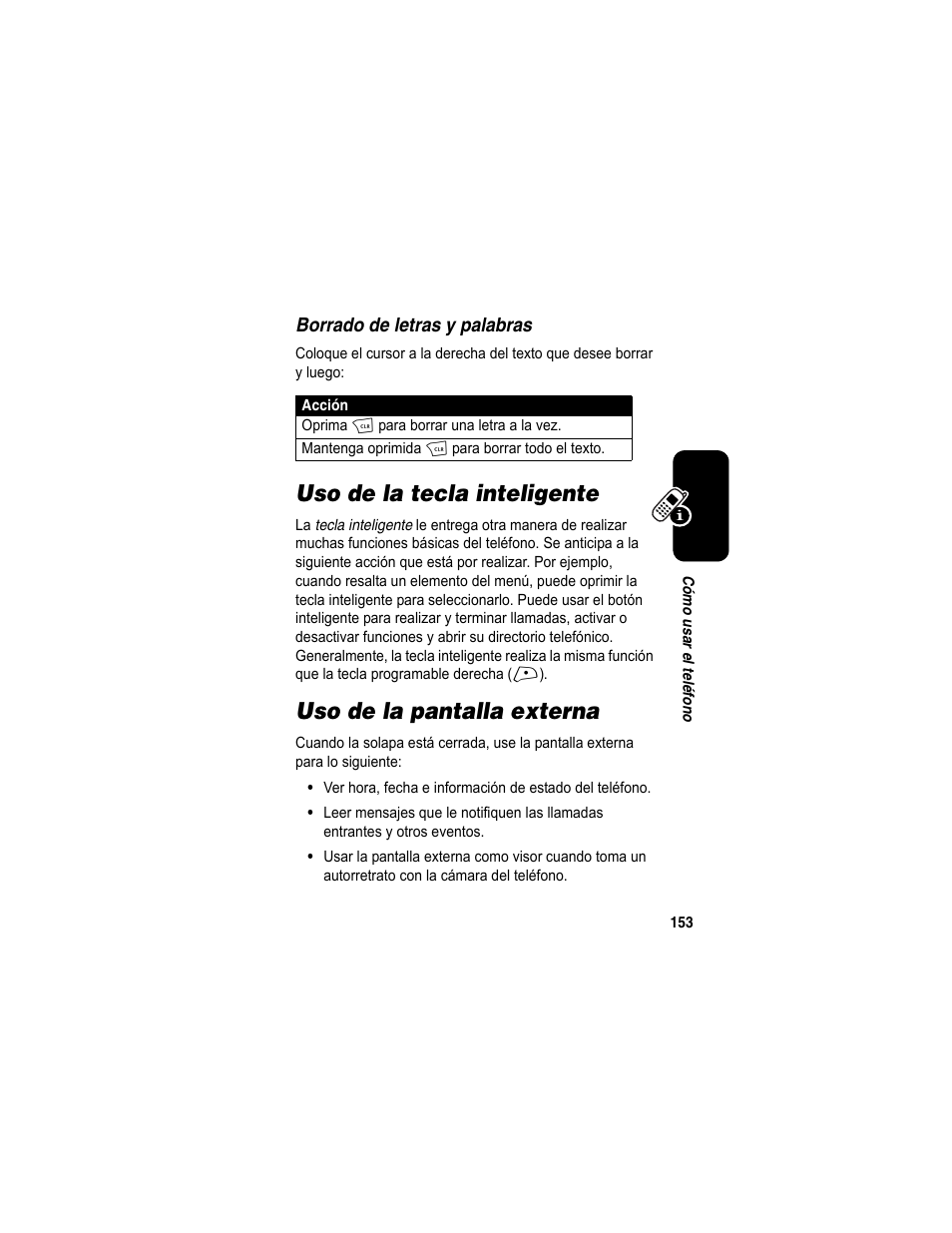 Uso de la tecla inteligente, Uso de la pantalla externa | Motorola A840 User Manual | Page 155 / 284