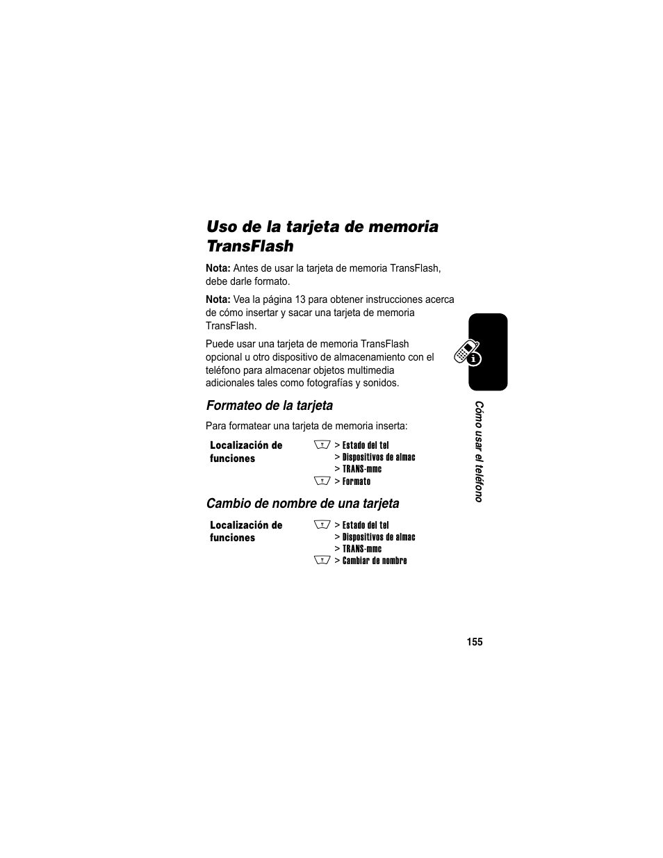 Uso de la tarjeta de memoria transflash | Motorola A840 User Manual | Page 157 / 284