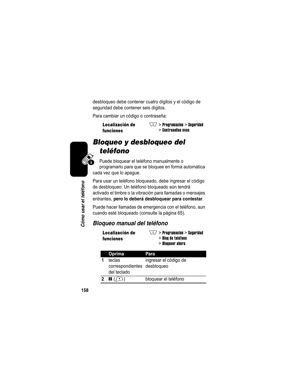 Bloqueo y desbloqueo del teléfono | Motorola A840 User Manual | Page 160 / 284