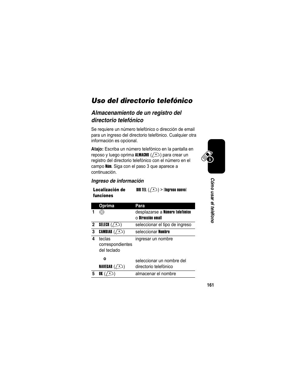 Uso del directorio telefónico | Motorola A840 User Manual | Page 163 / 284