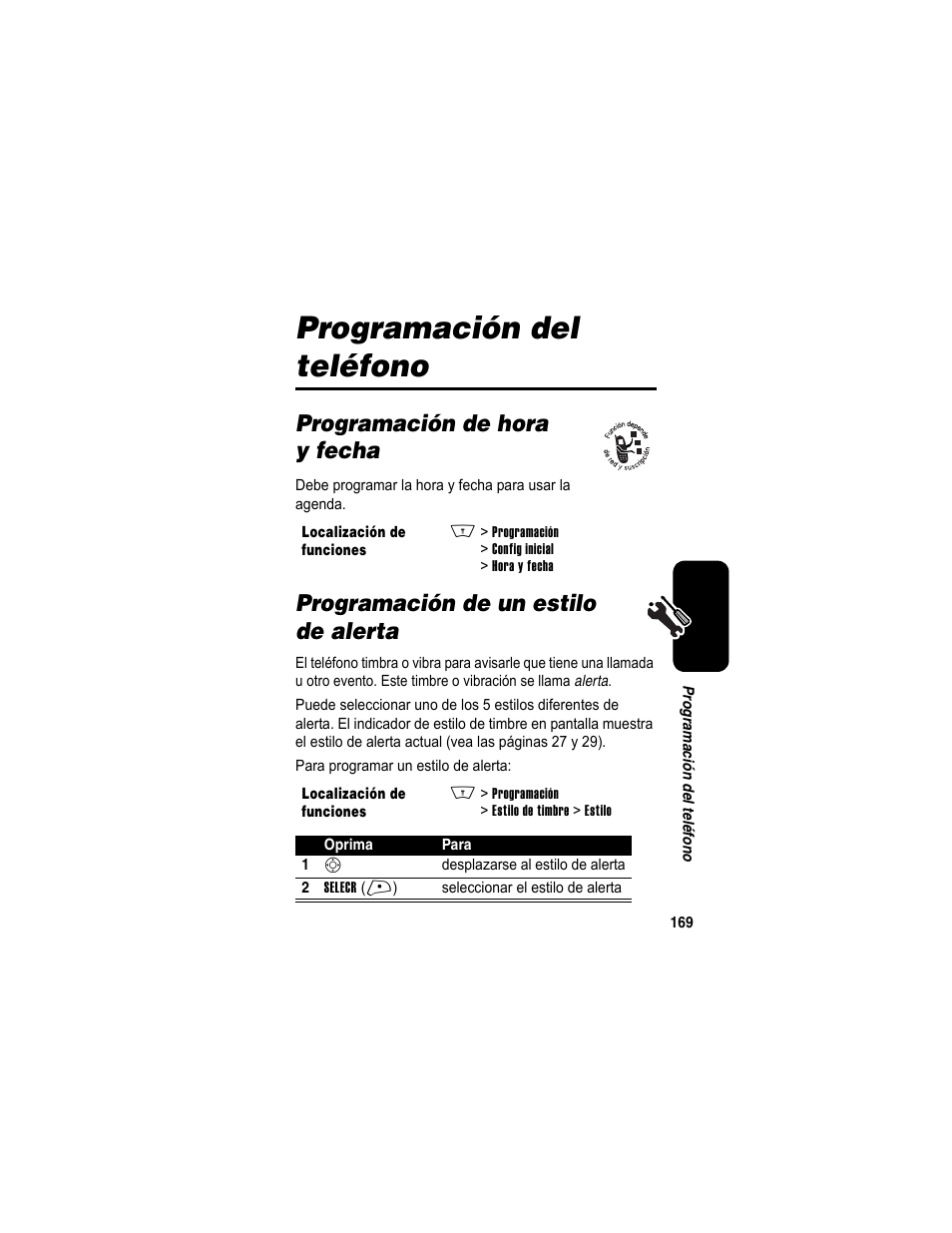 Programación del teléfono, Programación de hora y fecha, Programación de un estilo de alerta | Motorola A840 User Manual | Page 171 / 284