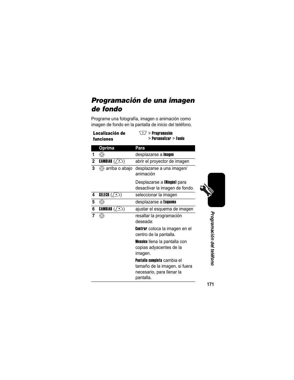 Programación de una imagen de fondo | Motorola A840 User Manual | Page 173 / 284