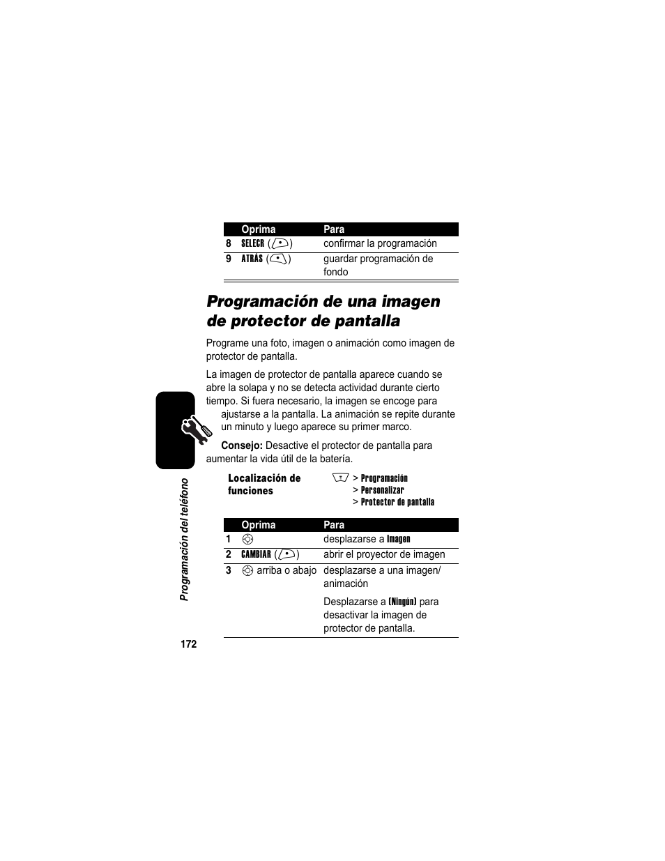 Programación de una imagen, De protector de pantalla | Motorola A840 User Manual | Page 174 / 284