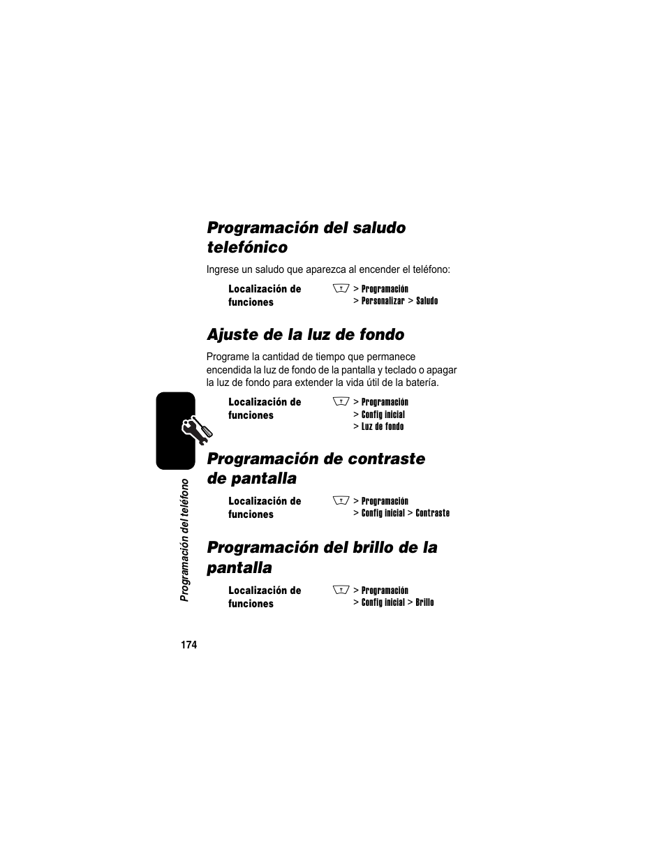 Programación del saludo telefónico, Ajuste de la luz de fondo, Programación de contraste de pantalla | Programación del brillo de la pantalla | Motorola A840 User Manual | Page 176 / 284