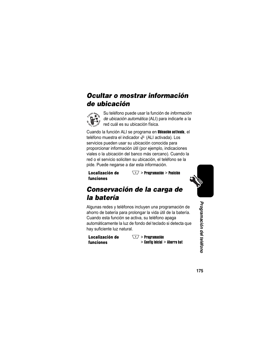 Ocultar o mostrar información de ubicación, Conservación de la carga de la batería | Motorola A840 User Manual | Page 177 / 284