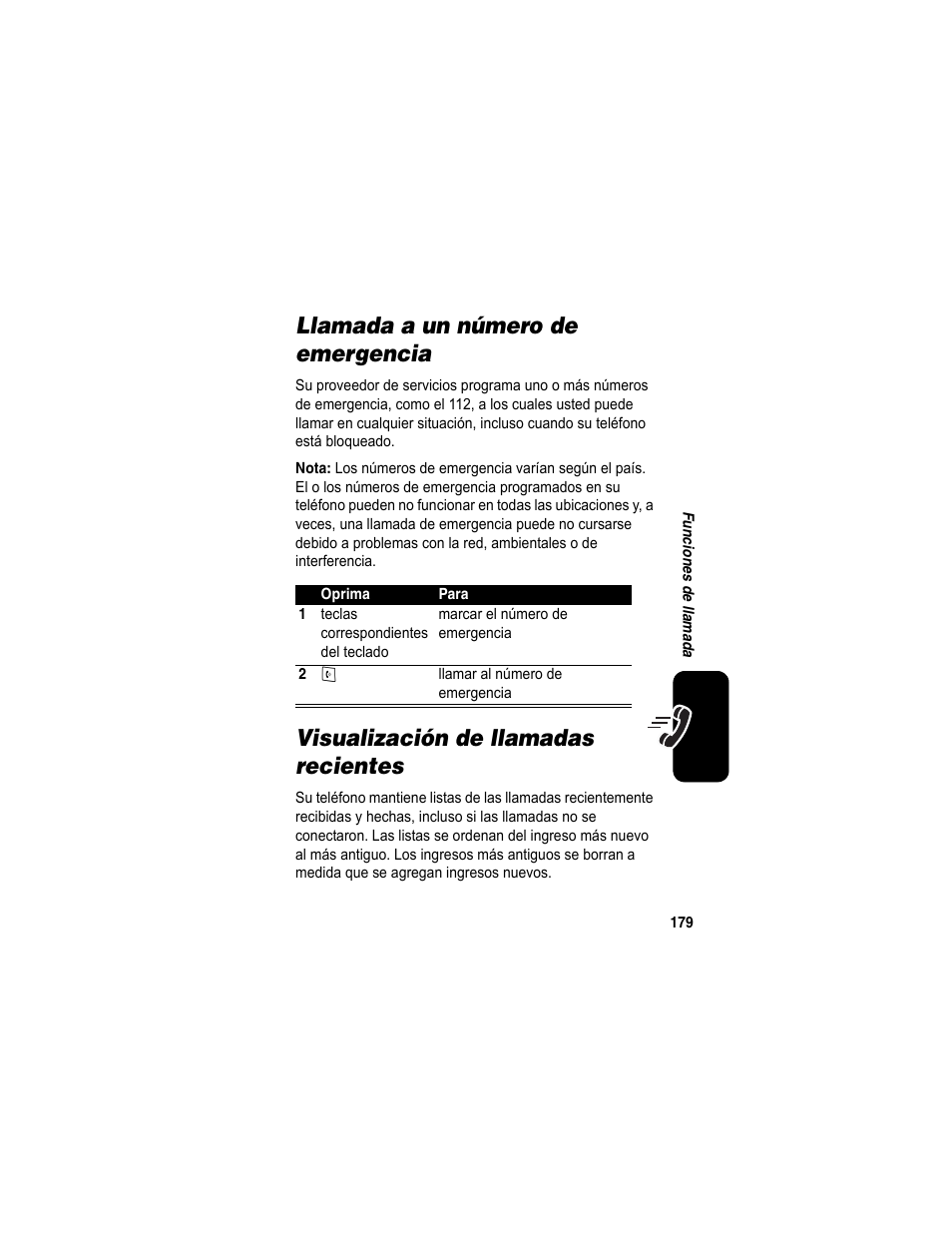 Llamada a un número de emergencia, Visualización de llamadas recientes | Motorola A840 User Manual | Page 181 / 284