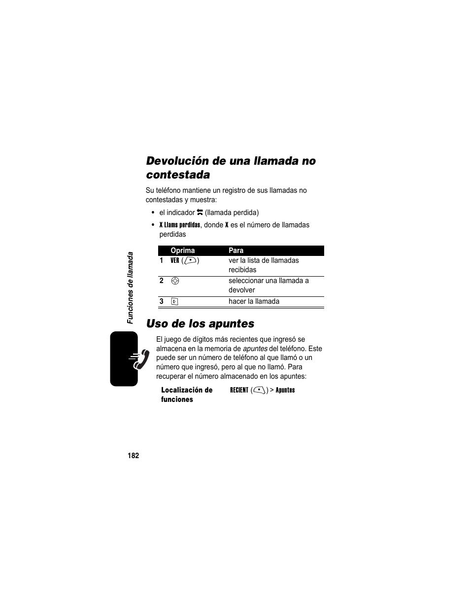 Devolución de una llamada no contestada, Uso de los apuntes | Motorola A840 User Manual | Page 184 / 284