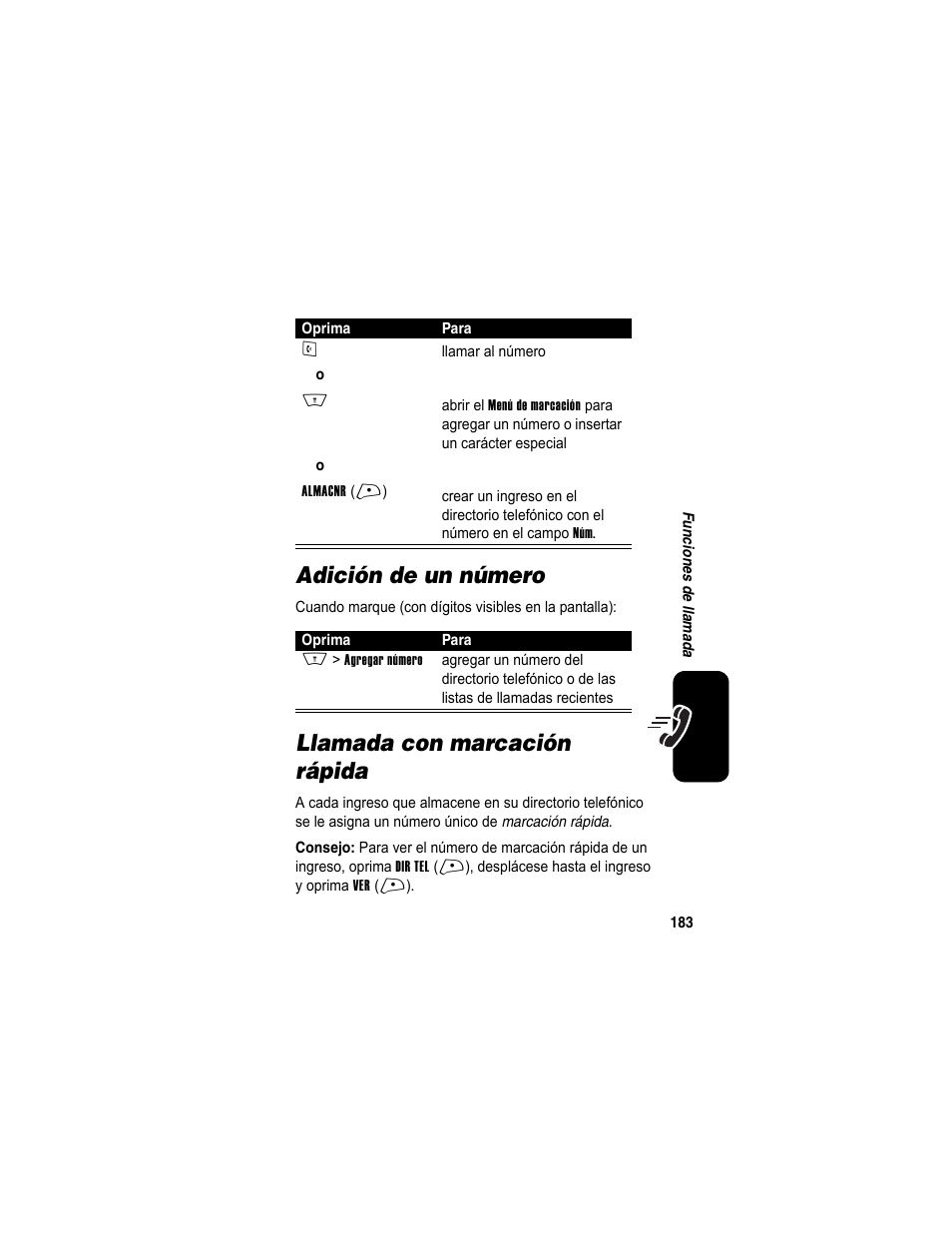 Adición de un número, Llamada con marcación rápida, Adición de un número llamada con marcación rápida | Motorola A840 User Manual | Page 185 / 284