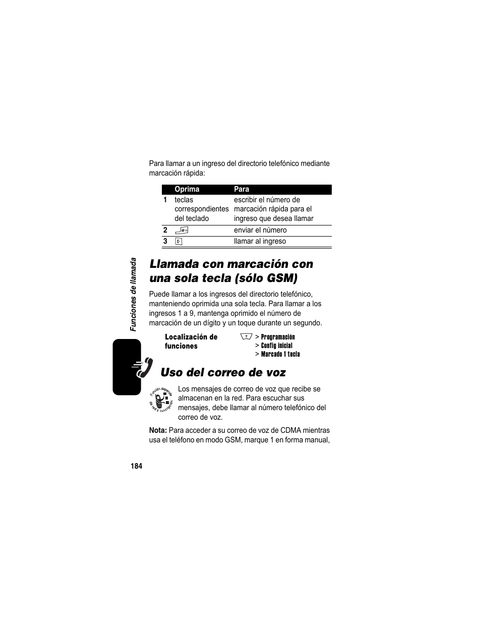 Uso del correo de voz, Llamada con marcación con, Una sola tecla (sólo gsm) uso del correo de voz | Una sola tecla (sólo gsm) | Motorola A840 User Manual | Page 186 / 284