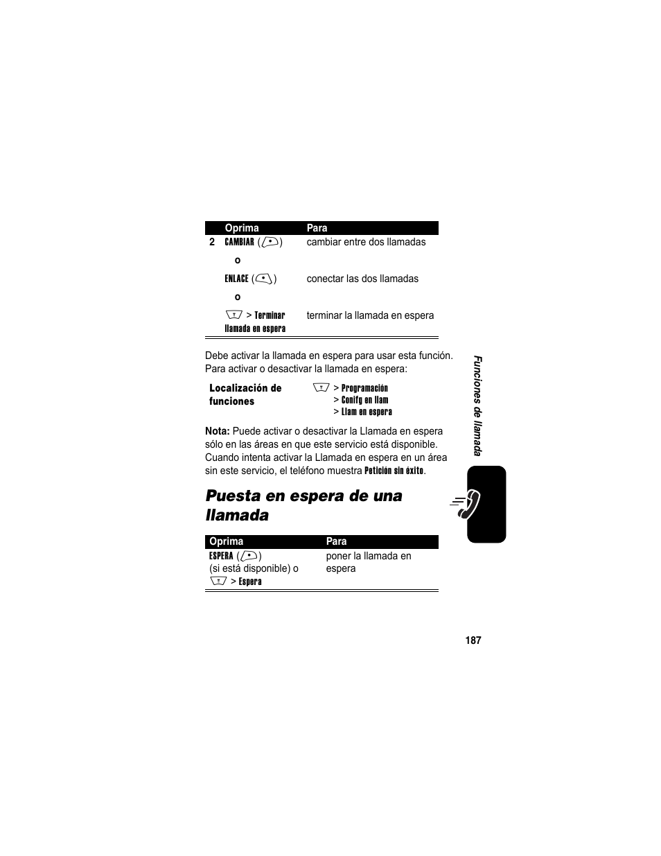 Puesta en espera de una llamada | Motorola A840 User Manual | Page 189 / 284