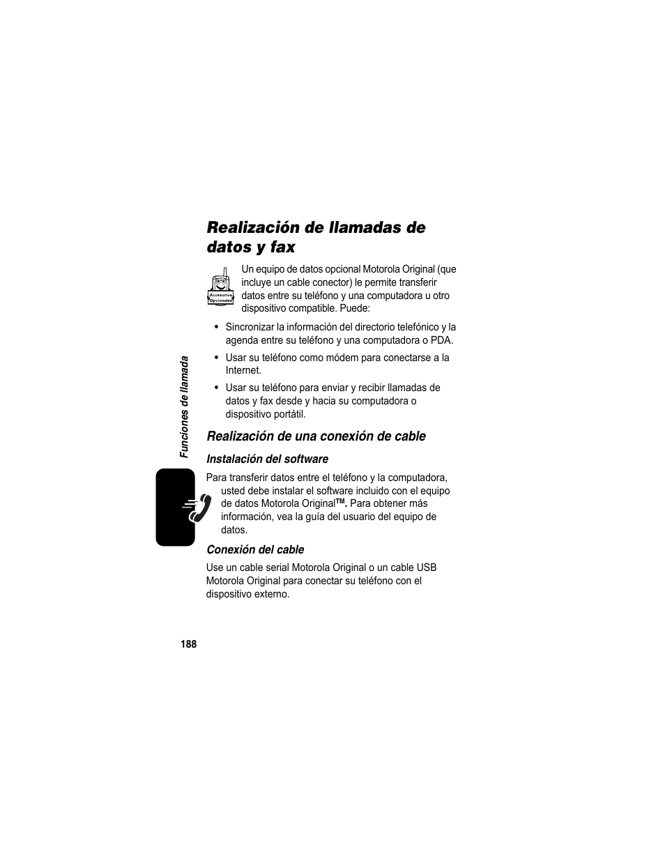 Realización de llamadas de datos y fax | Motorola A840 User Manual | Page 190 / 284