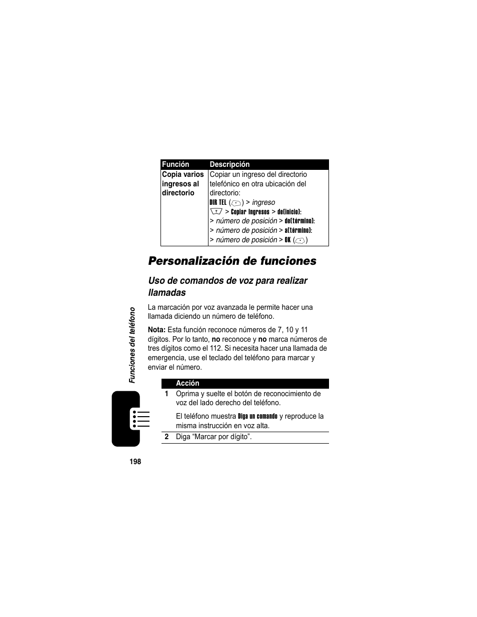 Personalización de funciones, Uso de comandos de voz para realizar llamadas | Motorola A840 User Manual | Page 200 / 284