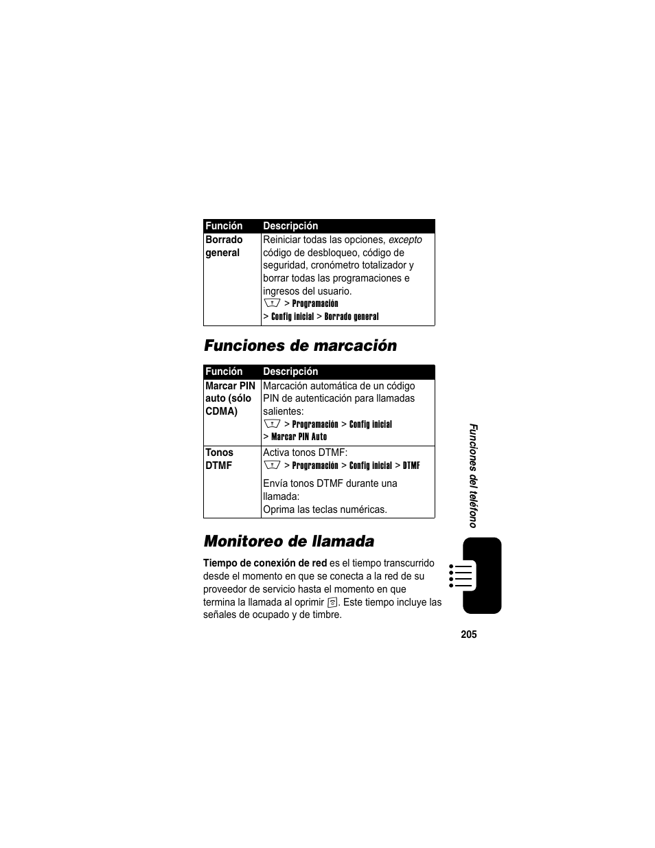 Funciones de marcación, Monitoreo de llamada, Funciones de marcación monitoreo de llamada | Motorola A840 User Manual | Page 207 / 284