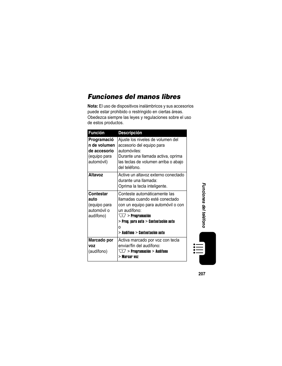 Funciones del manos libres | Motorola A840 User Manual | Page 209 / 284