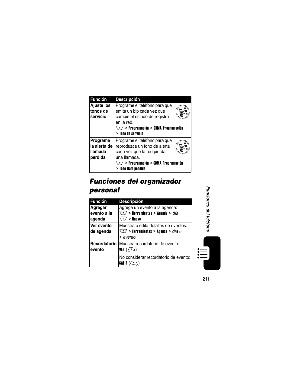 Funciones del organizador personal | Motorola A840 User Manual | Page 213 / 284