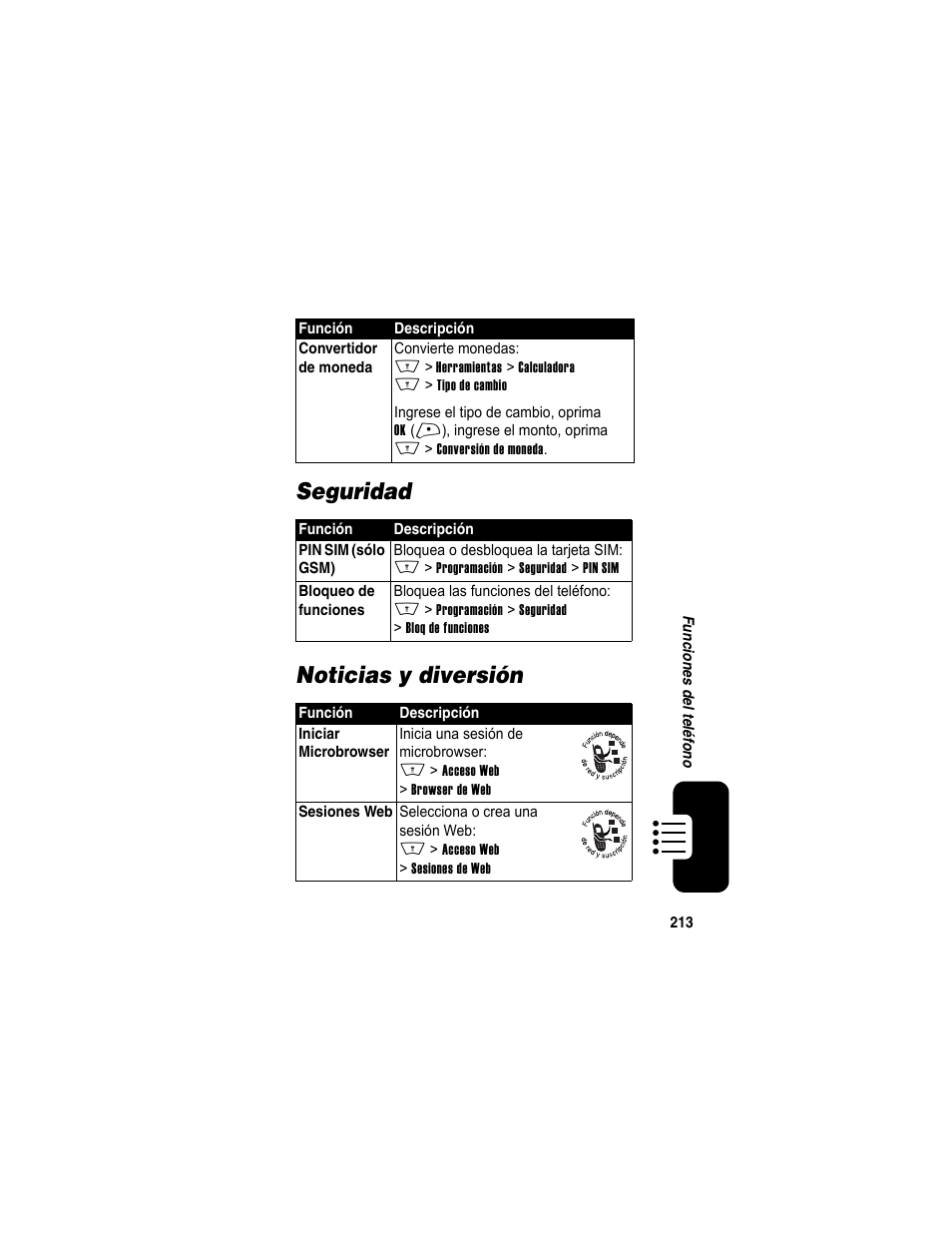 Seguridad, Noticias y diversión, Seguridad noticias y diversión | Motorola A840 User Manual | Page 215 / 284