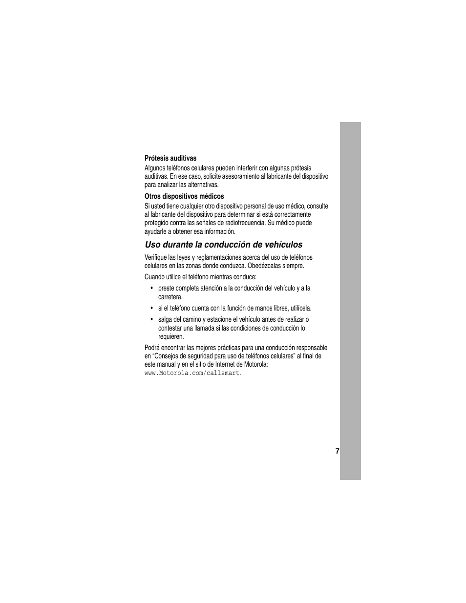 Uso durante la conducción de vehículos | Motorola A840 User Manual | Page 259 / 284