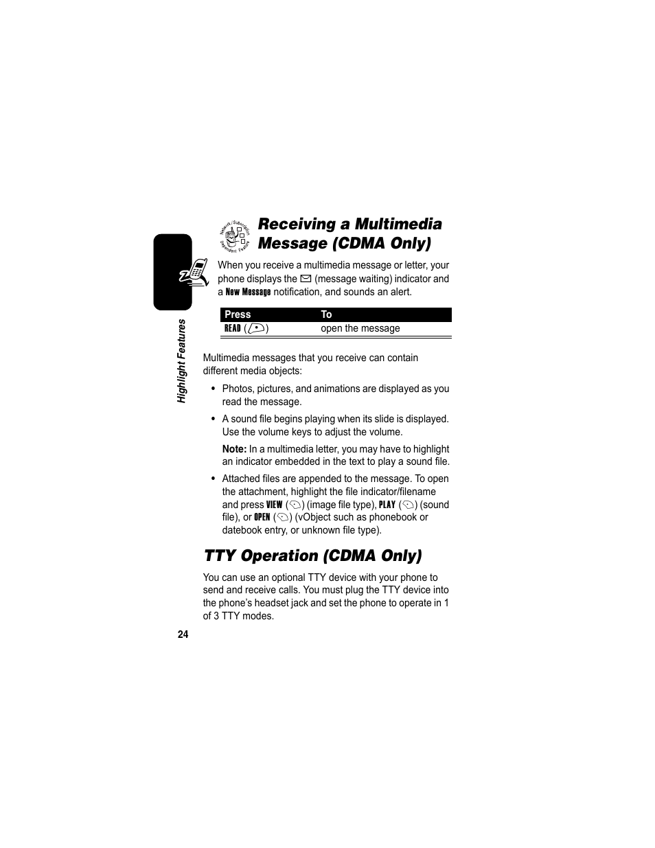 Receiving a multimedia message (cdma only), Tty operation (cdma only) | Motorola A840 User Manual | Page 26 / 284