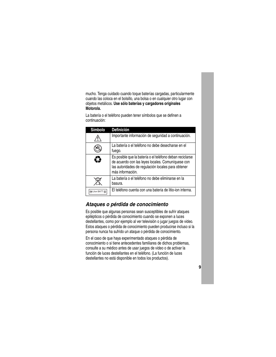 Ataques o pérdida de conocimiento | Motorola A840 User Manual | Page 261 / 284