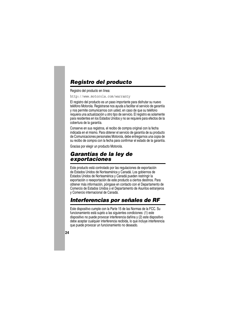 Registro del producto, Garantías de la ley de exportaciones, Interferencias por señales de rf | Motorola A840 User Manual | Page 276 / 284