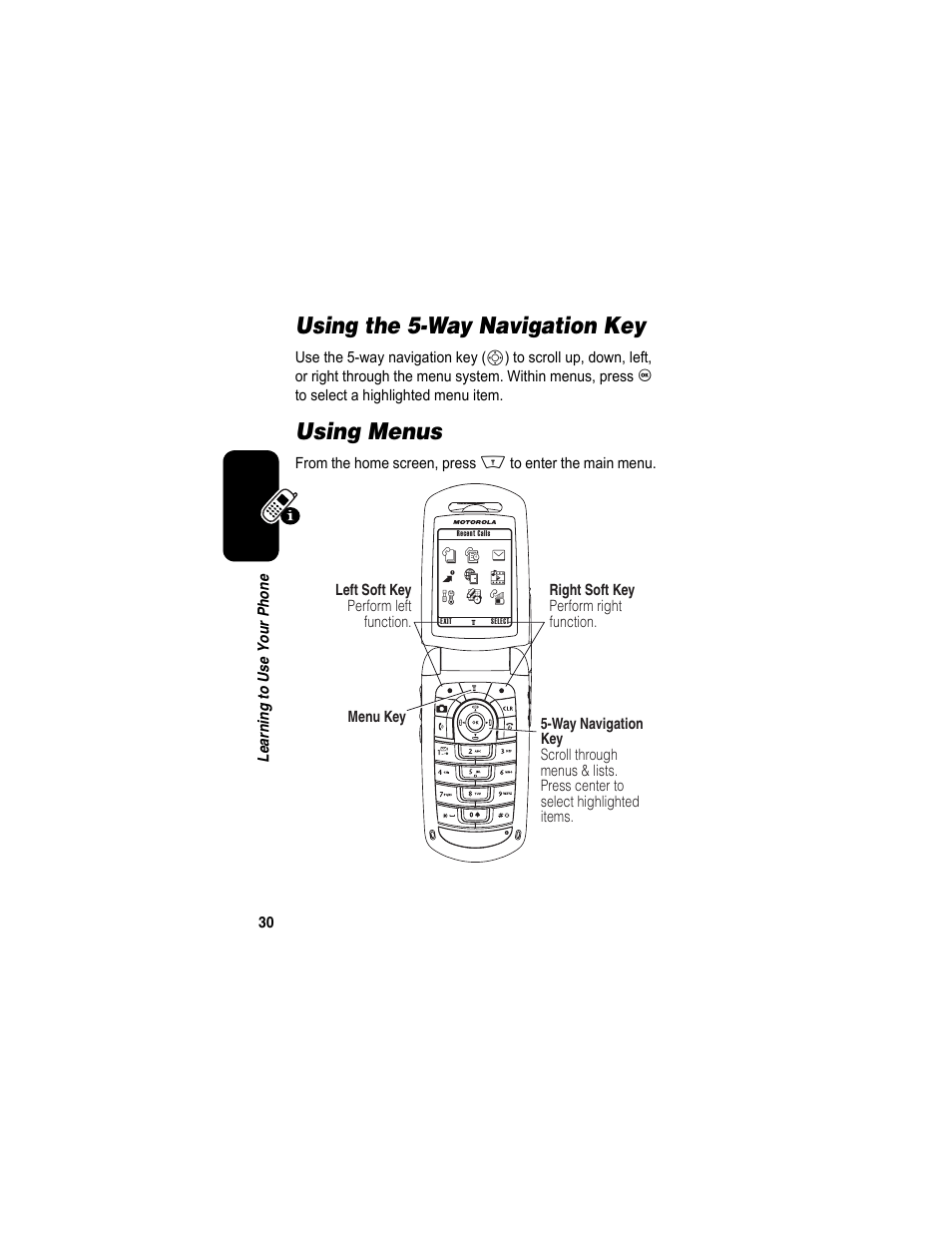 Using the 5-way navigation key, Using menus, Using the 5-way navigation key using menus | Motorola A840 User Manual | Page 32 / 284