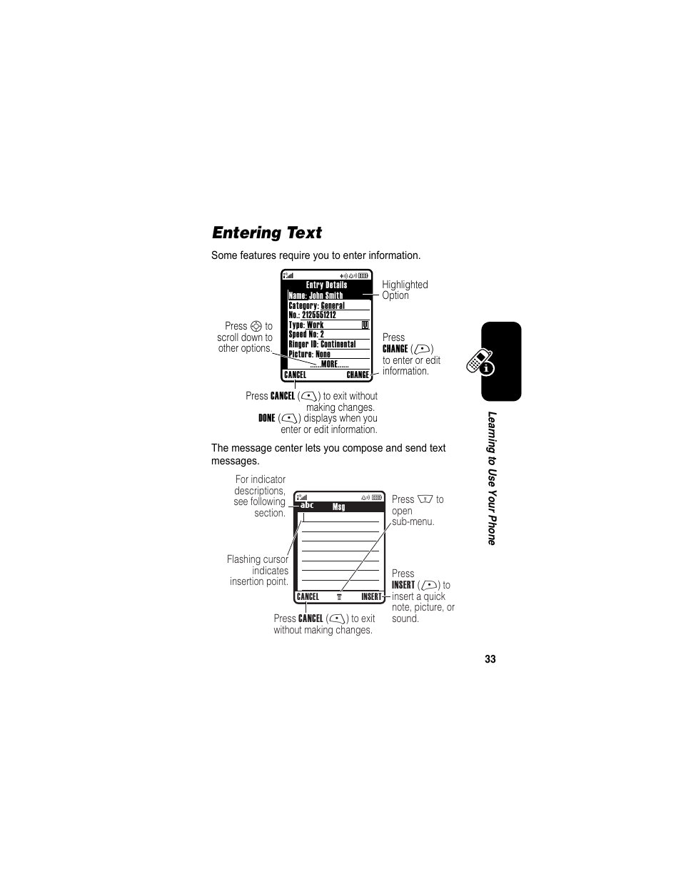 Entering text | Motorola A840 User Manual | Page 35 / 284