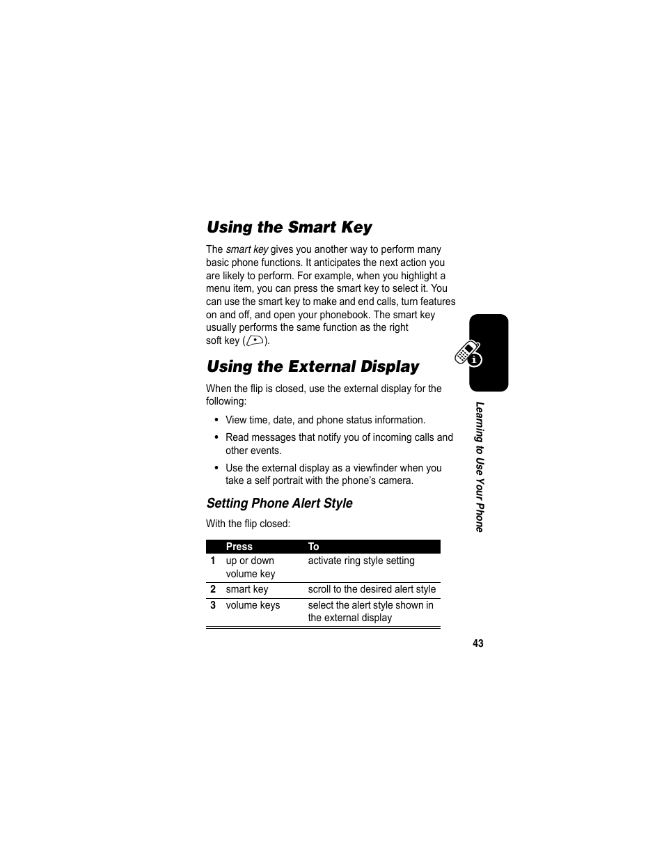 Using the smart key, Using the external display, Using the smart key using the external display | Motorola A840 User Manual | Page 45 / 284